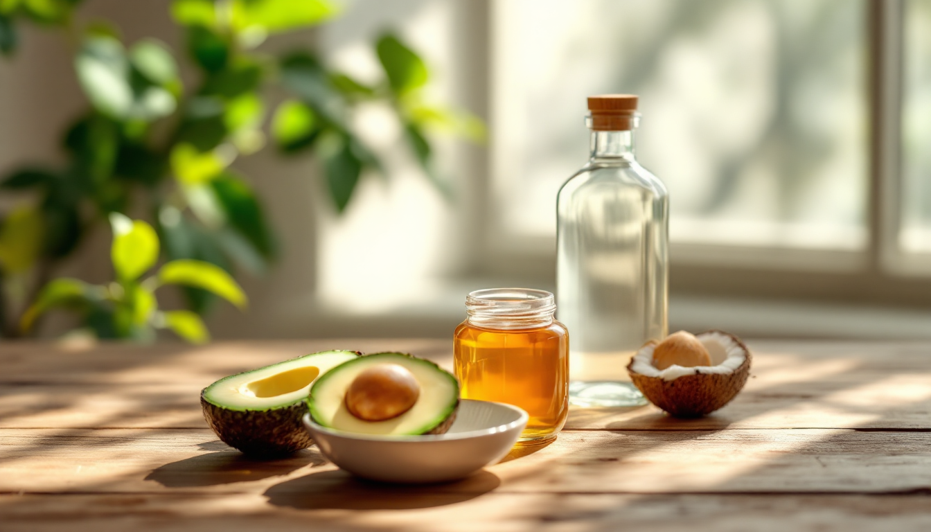 꿀, 아보카도, 코코넛 오일 등 천연 헤어팩 재료와 유기농 인증 제품이 나무 위에 놓여있는 모습