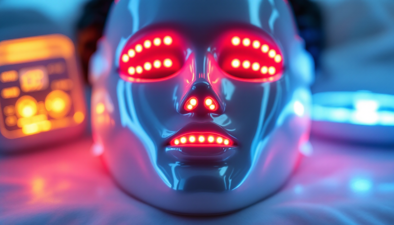 피부 재생과 염증 완화를 돕는 LED 치료기와 가정용 LED 마스크의 클로즈업 이미지