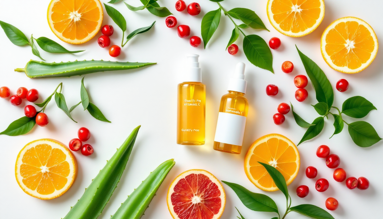 알로에 베라, 녹차, 비타민 C 등 클린 뷰티 성분과 친환경, 크루얼티 프리 라벨이 있는 화장품