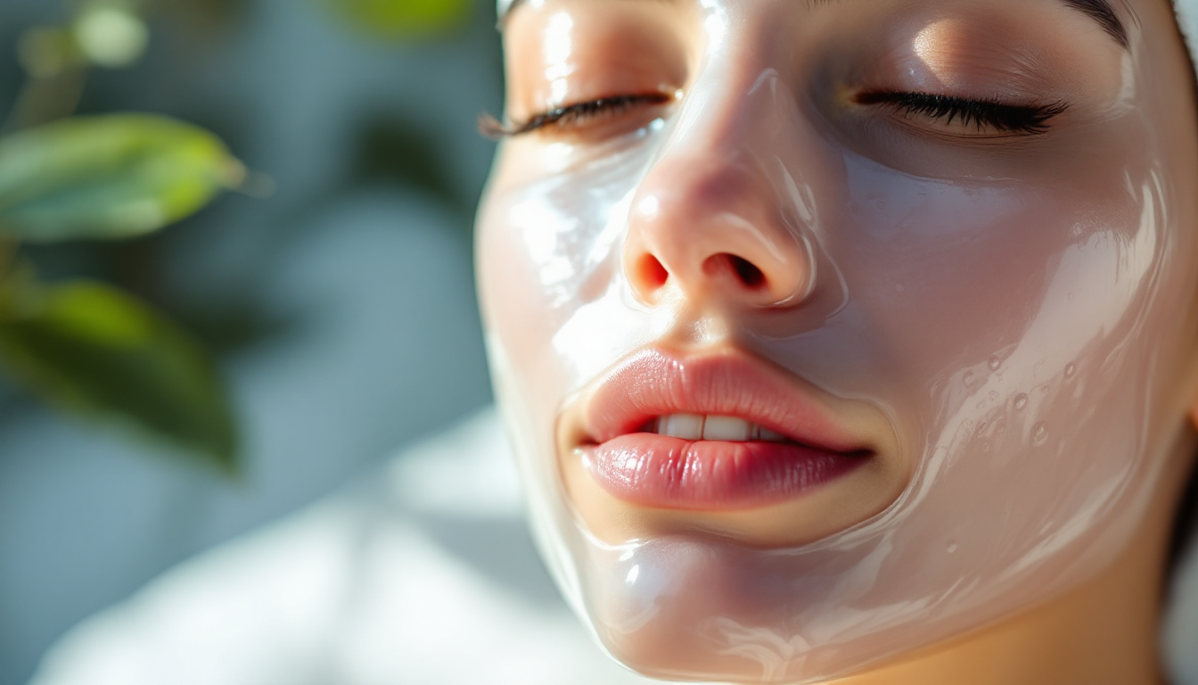 보습력과 피부 밀착력을 강조한 하이드로겔 마스크를 얼굴에 부착하는 모습