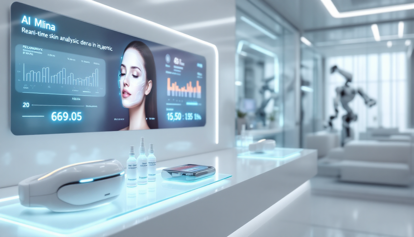 최신 AI 스킨케어 기술과 웨어러블 기기가 있는 미래형 피부미용 클리닉 환경의 실사 이미지