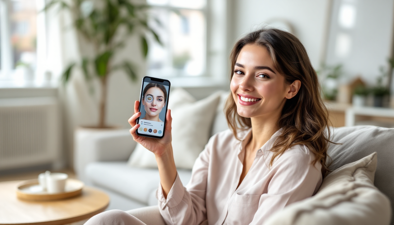 모바일 앱으로 AI 맞춤형 피부 관리 루틴을 수행하는 모습