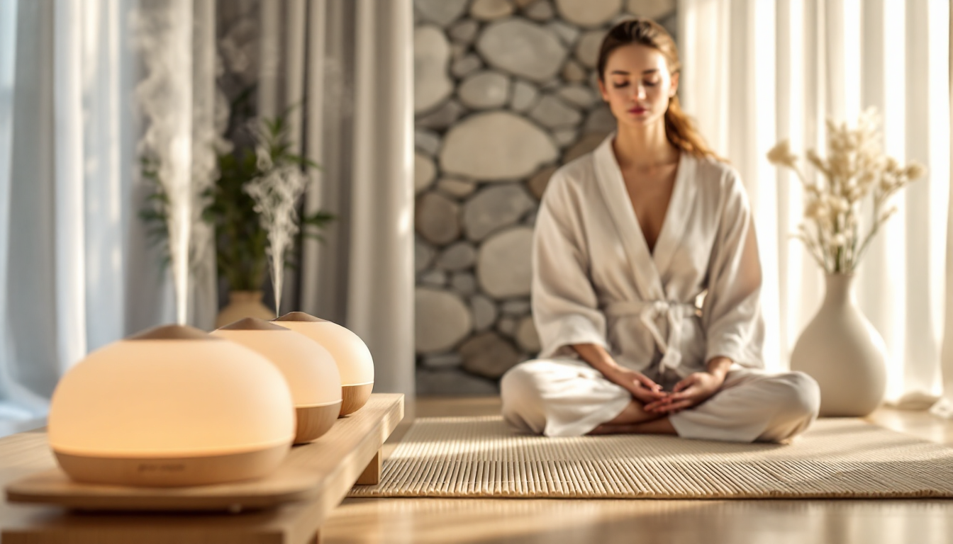 아로마 에센셜 오일과 디퓨저가 놓인 평온한 스파 환경과 명상을 하는 사람 이미지