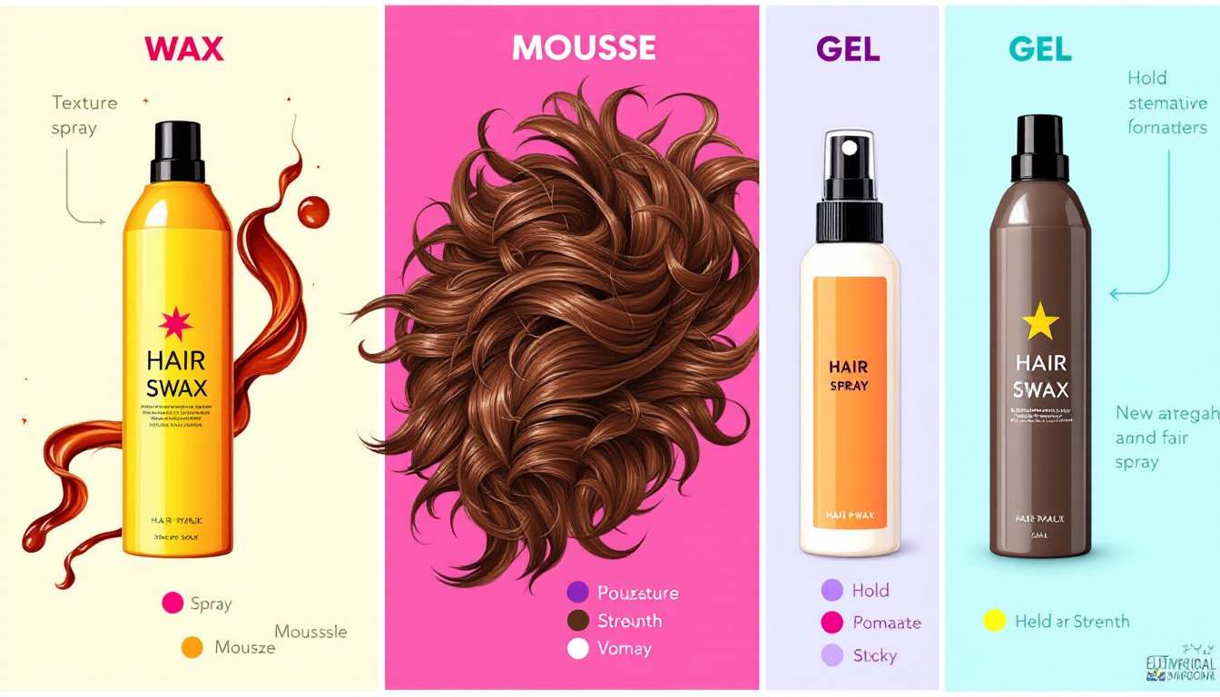 헤어 왁스, 스프레이, 무스, 젤, 포마드 제품 특징과 사용법을 비교하는 인포그래픽