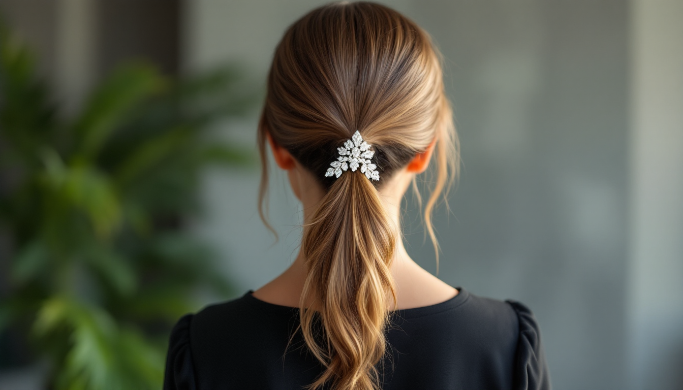 여성 헤어 액세서리로 스타일링한 포니테일 전후 모습