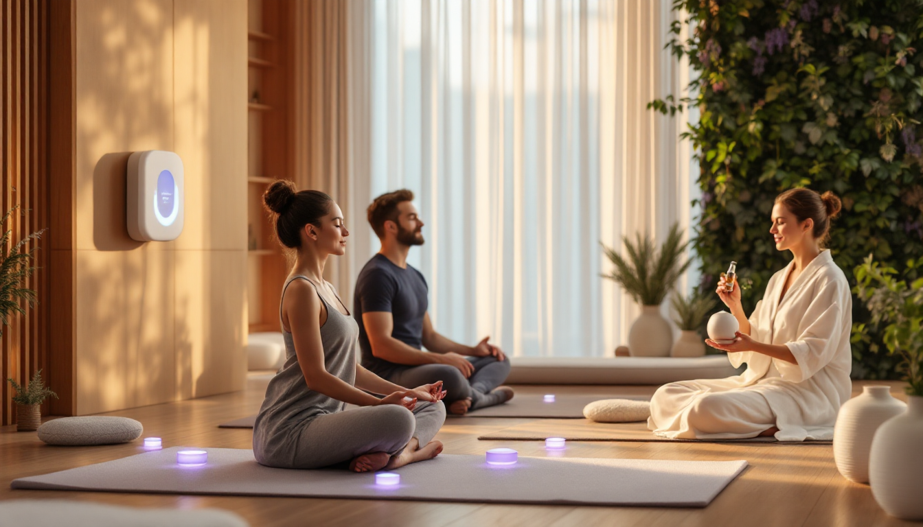 명상과 아로마 에센셜 오일, 필라테스가 어우러진 감정 테라피아를 표현하는 고요한 웰니스 스파 이미지