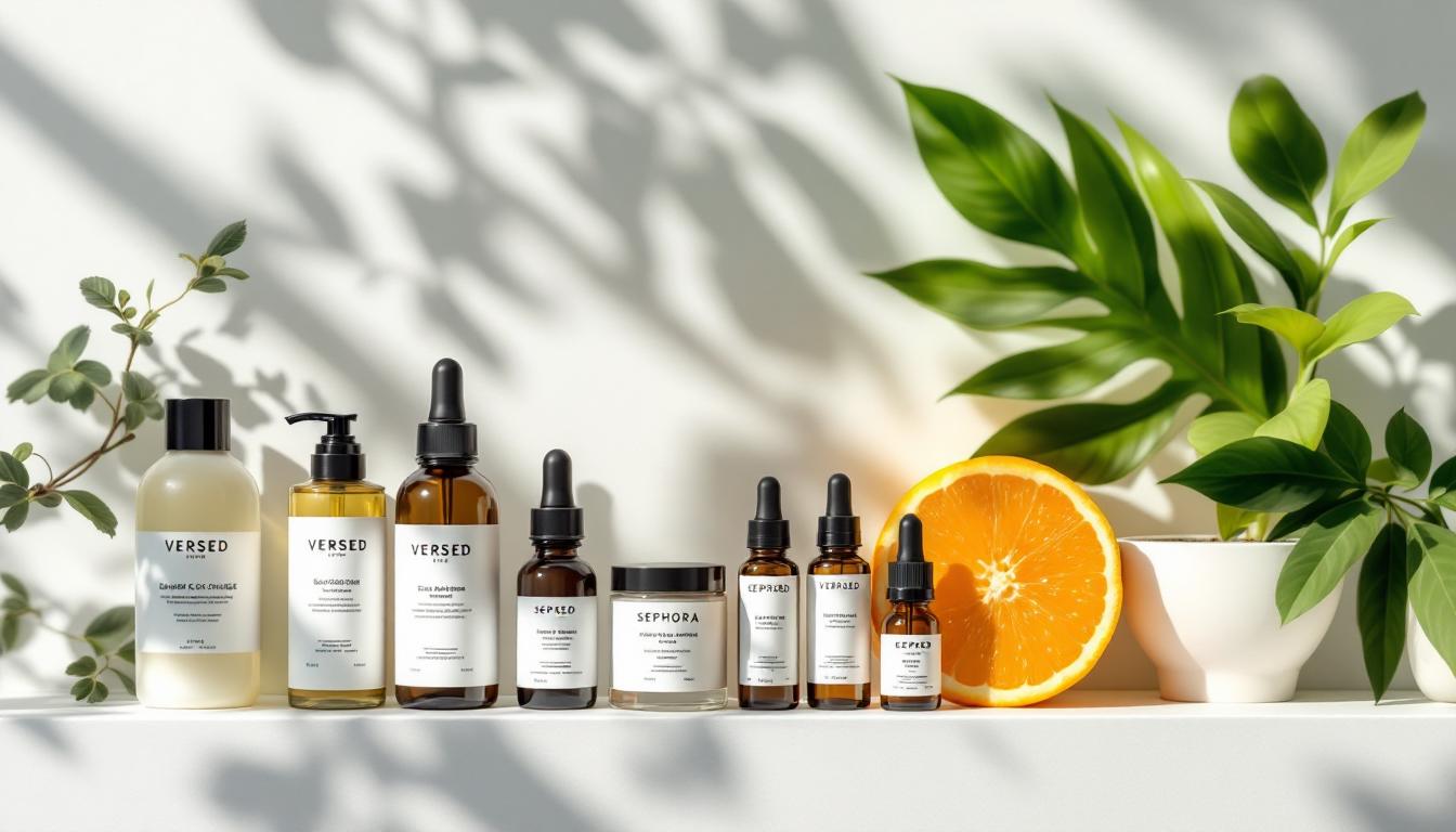 클린 뷰티 브랜드 Versed와 Sephora의 친환경 포장과 제품을 보여주는 이미지