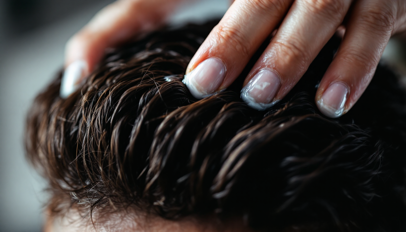 매트 텍스처의 헤어 왁스를 손에 덜어 머리에 바르는 모습