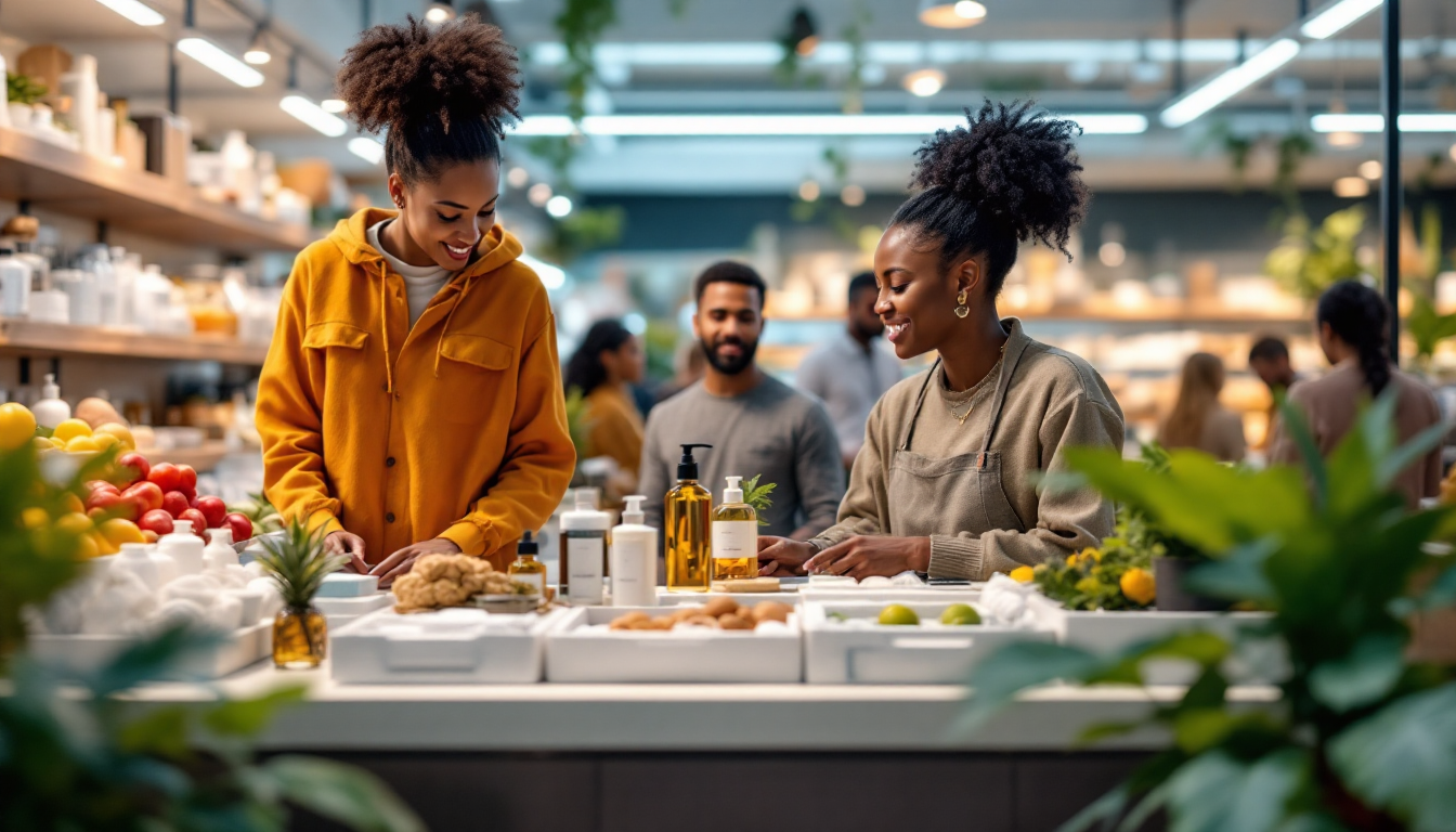 2026년 클린 뷰티 트렌드를 반영한 친환경 스킨케어 제품과 소비자가 있는 현대적 뷰티 마켓 장면