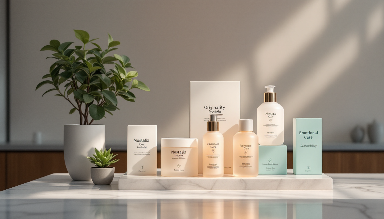 2026년 K-뷰티 트렌드의 오리지널리티, 지속 가능성, 정서 케어를 표현하는 고급스러운 스킨케어 제품 진열장