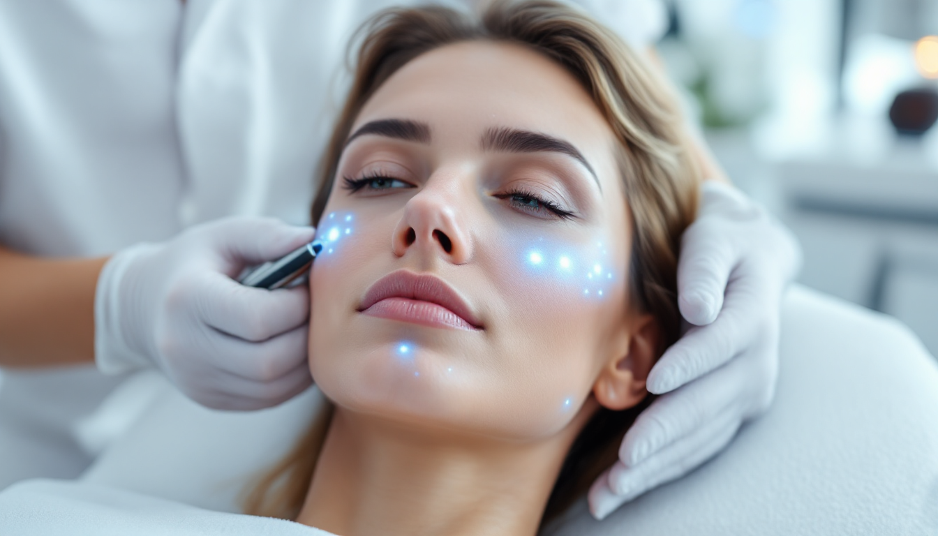 피부에 미세 홀을 형성하는 레이저 치료가 진행 중인 현대적인 클리닉 모습