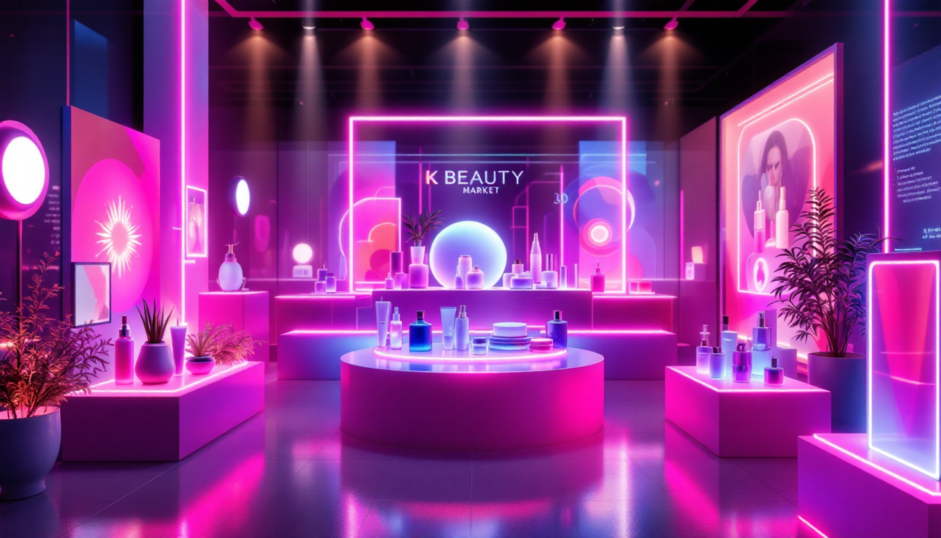 글로벌 뷰티 시장에서 K-뷰티 3.0 기술 혁신과 스키니멀리즘, 지속 가능성을 상징하는 디지털 홀로그램 장면