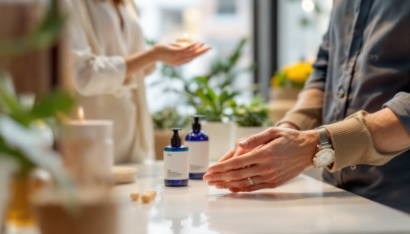 소비자가 오프라인 매장에서 K-뷰티 자연 성분 바디로션과 장벽 크림을 체험하는 모습